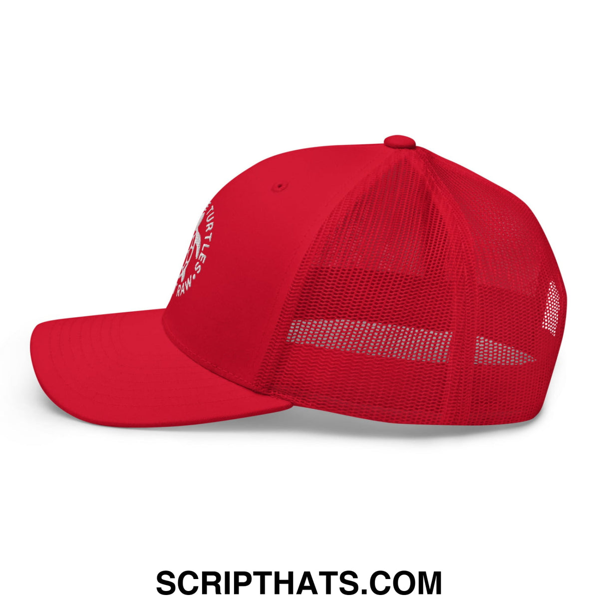 Red Save The Turtles hit it raw embroidered mesh trucker hat with red front and mesh back showing side logo