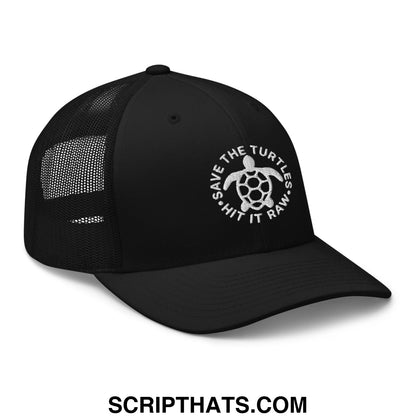 Black mesh trucker hat with white embroidered turtle logo and save the turtles text for ocean conservation awareness