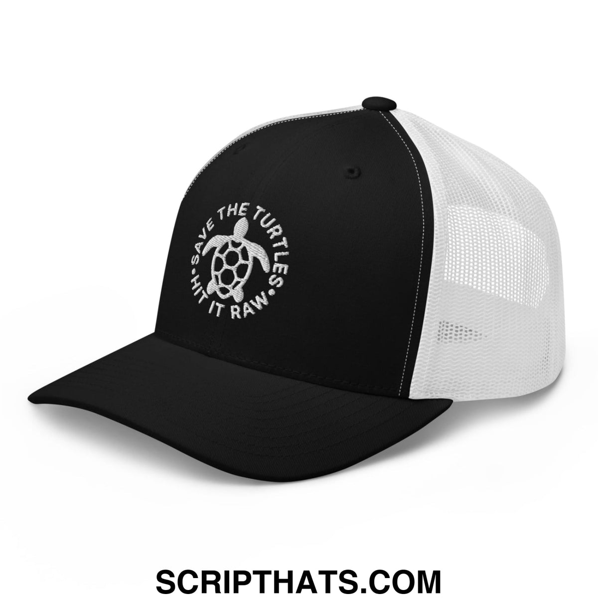 Black and white mesh trucker hat with embroidered turtle logo and save the turtles text by hit it raw
