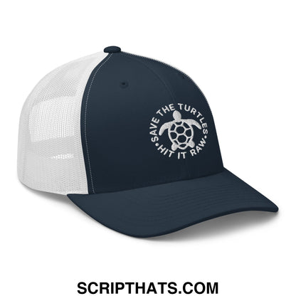 Navy blue and white mesh trucker hat with embroidered turtle logo and save the turtles slogan for casual wear