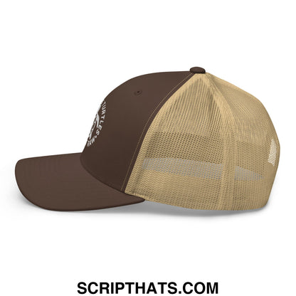 Brown and tan save the turtles hit it raw embroidered mesh trucker hat with breathable back panel