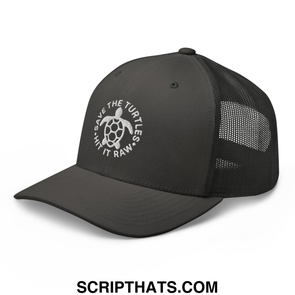 Black mesh trucker hat with white embroidered turtle logo and save the turtles text featuring a mesh back panel
