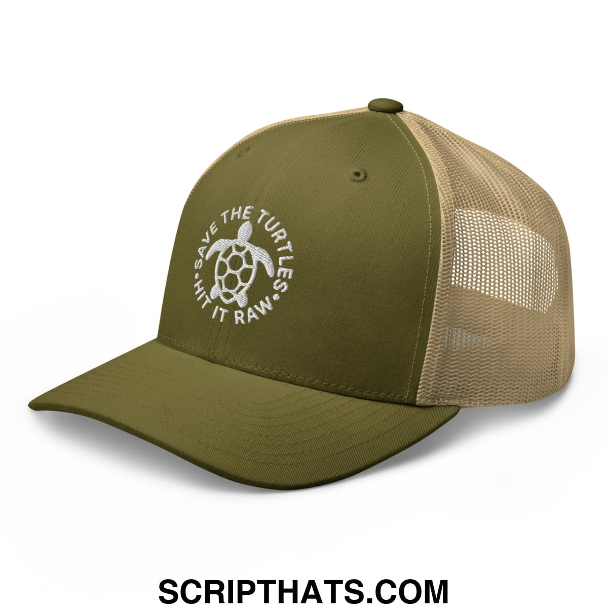 Olive green and tan mesh trucker hat with white embroidered turtle logo and save the turtles hit it raw text