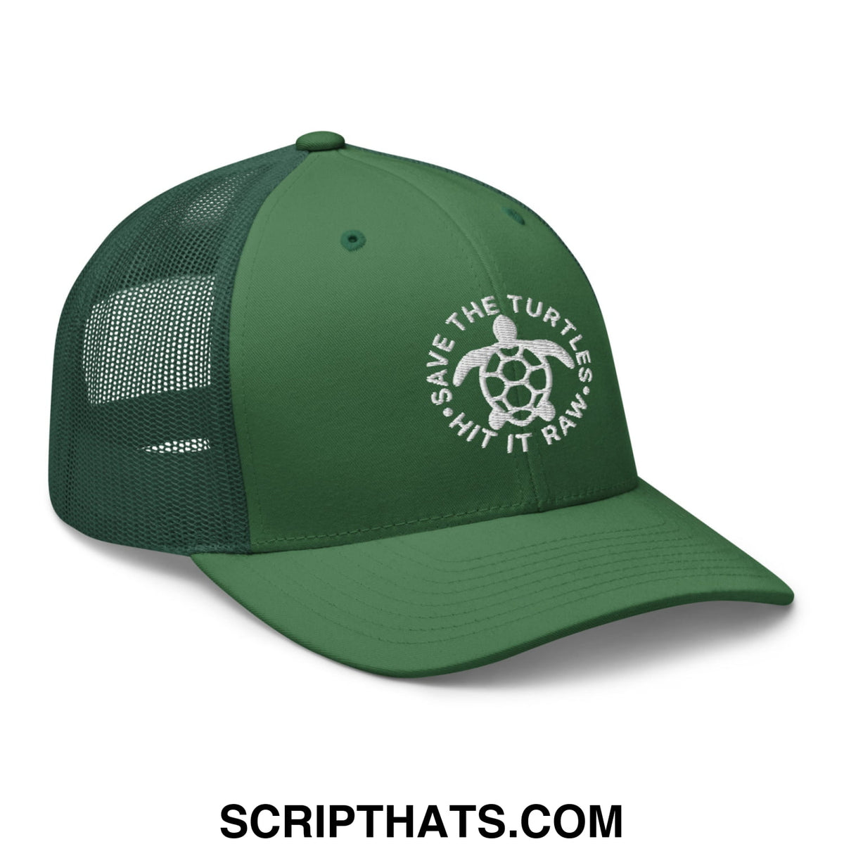 Dark green mesh trucker hat with white embroidered turtle logo and save the turtles hit it raw text design