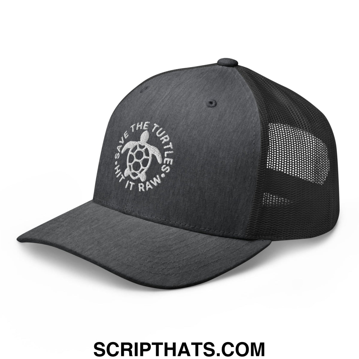 Black mesh trucker hat with white embroidered turtle logo and save the turtles text encircling it