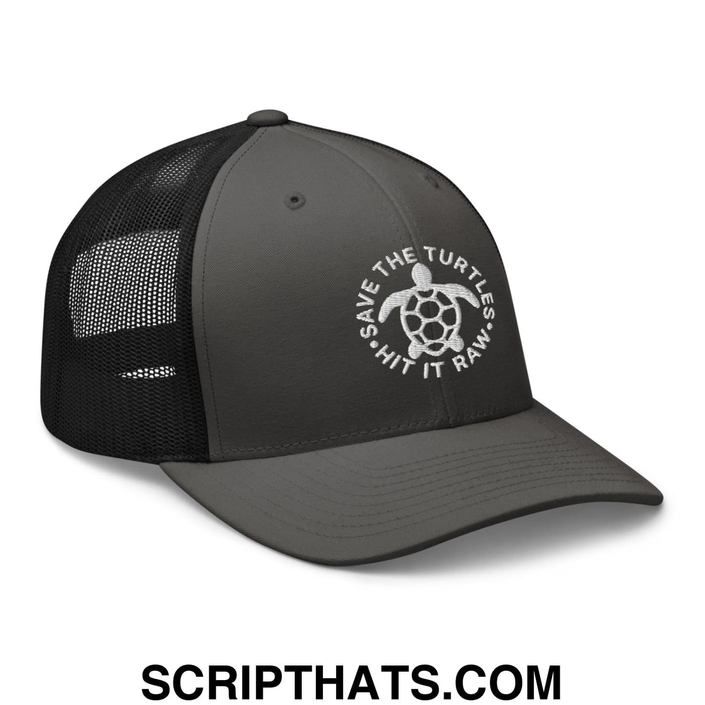 Save The Turtles Hit It Raw Embroidered Mesh Trucker Hat Charcoal Black