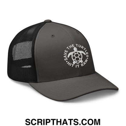 Save The Turtles Hit It Raw Embroidered Mesh Trucker Hat Charcoal Black