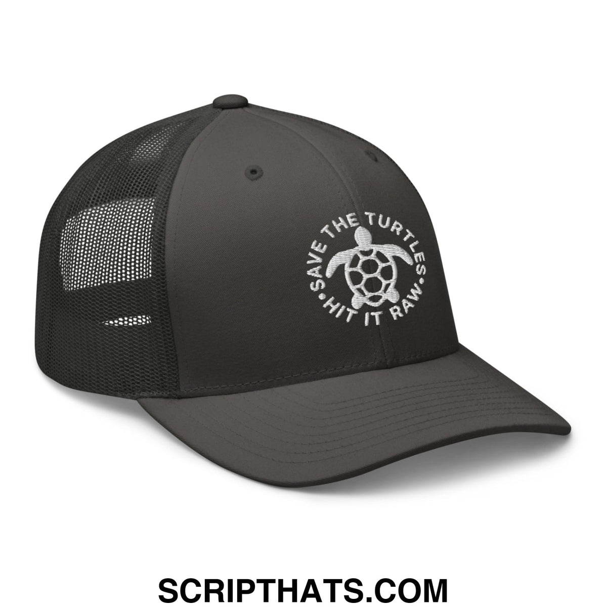 Dark gray mesh trucker hat with white embroidered turtle logo and save the turtles hit it raw text encircling it