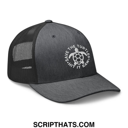 Dark gray mesh trucker hat with white embroidered turtle logo and save the turtles text for environmental support