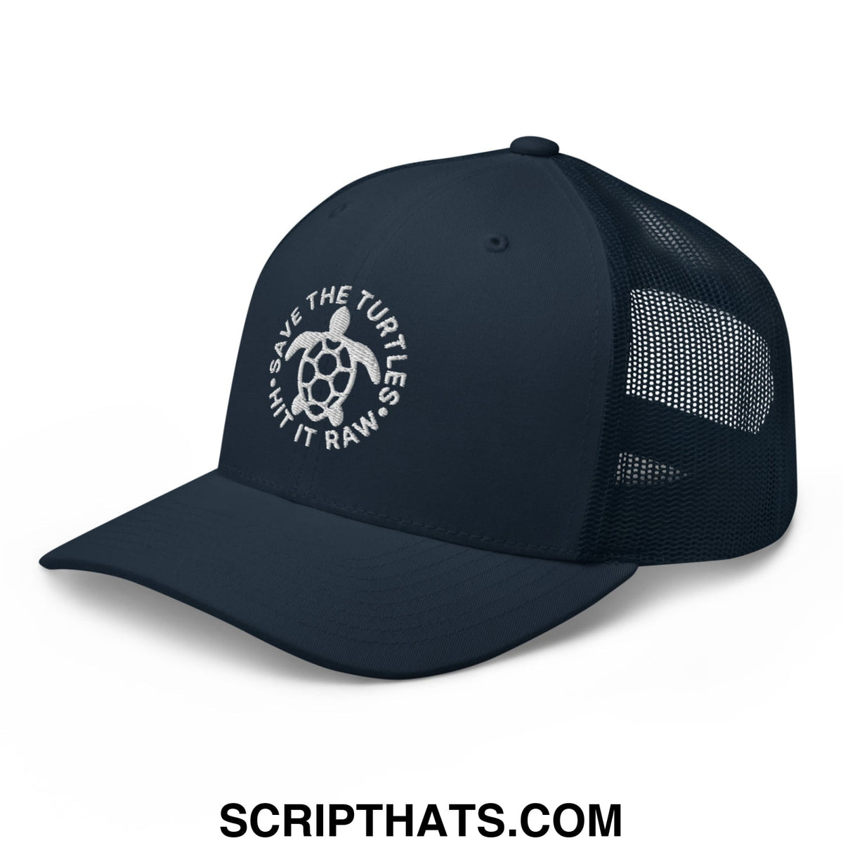 Dark navy mesh trucker hat with white embroidered turtle logo and save the turtles text encircling it