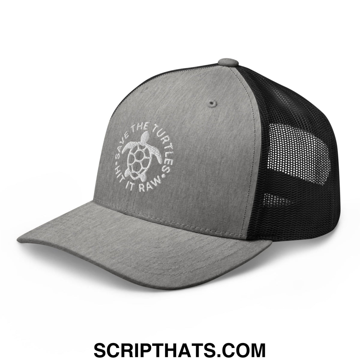 Gray and black mesh trucker hat with white embroidered turtle logo and save the turtles hit it raw text