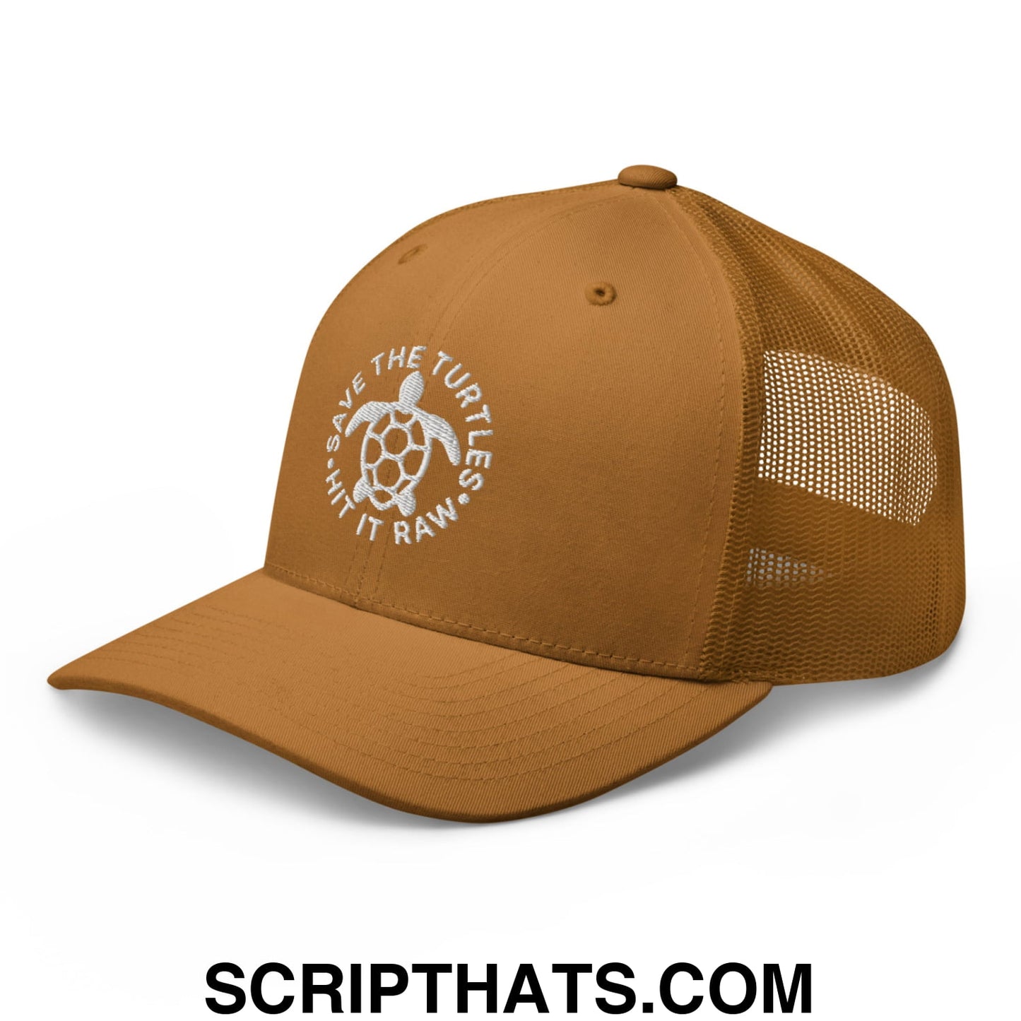 Save The Turtles Hit It Raw Embroidered Mesh Trucker Hat Caramel