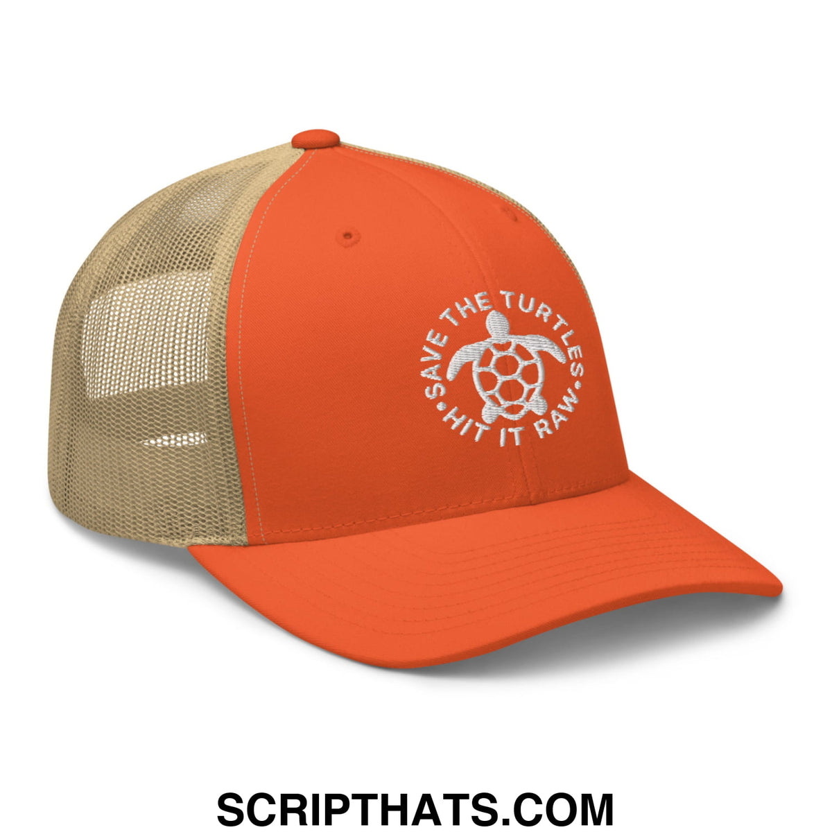 Orange and tan mesh trucker hat with white embroidered turtle logo and save the turtles hit it raw text