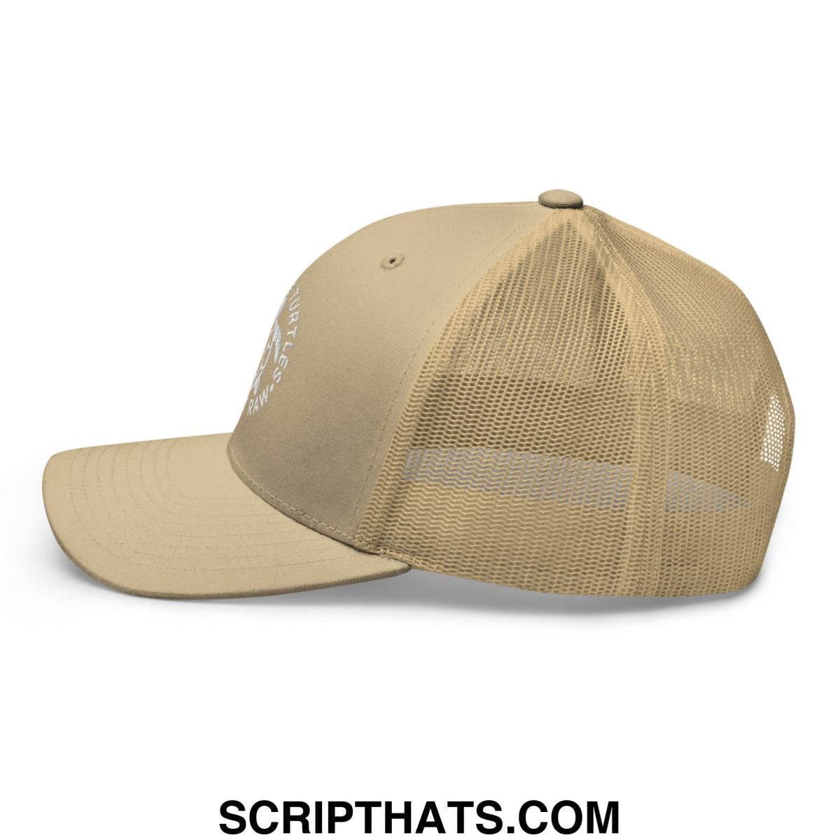 Tan trucker hat with mesh back and embroidered Save The Turtles Hit It Raw logo on front panel