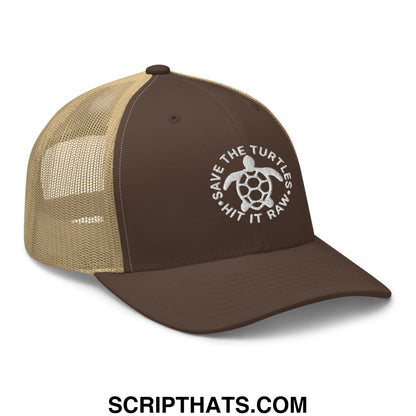 Brown and tan mesh trucker hat with white embroidered turtle logo and save the turtles text