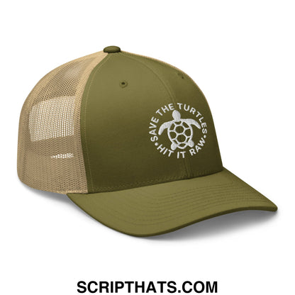 Olive green and tan mesh trucker hat with white embroidered turtle logo and save the turtles text