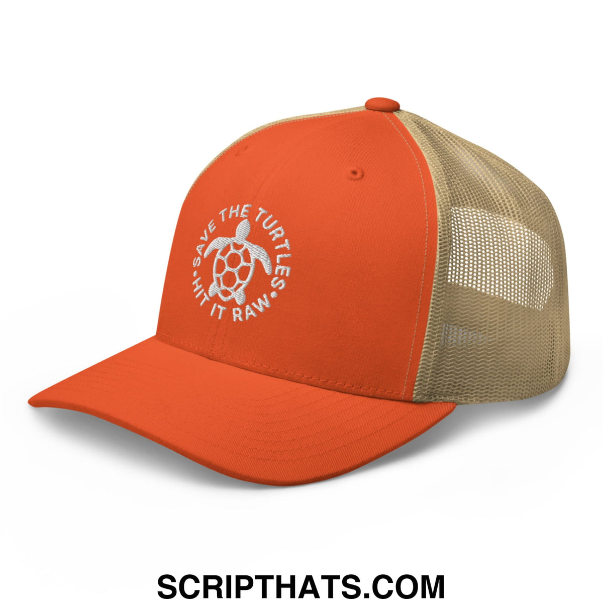 Orange and tan mesh trucker hat with white embroidered turtle logo and save the turtles hit it raw text