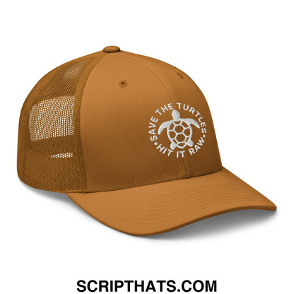 Tan mesh trucker hat with white embroidered turtle logo and save the turtles text from save the turtles hit it raw series