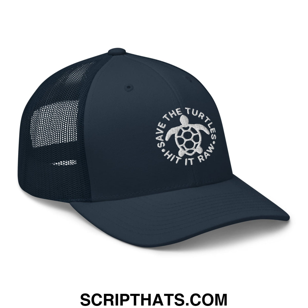 Dark navy mesh trucker hat with white embroidered turtle logo and save the turtles text for environmental support