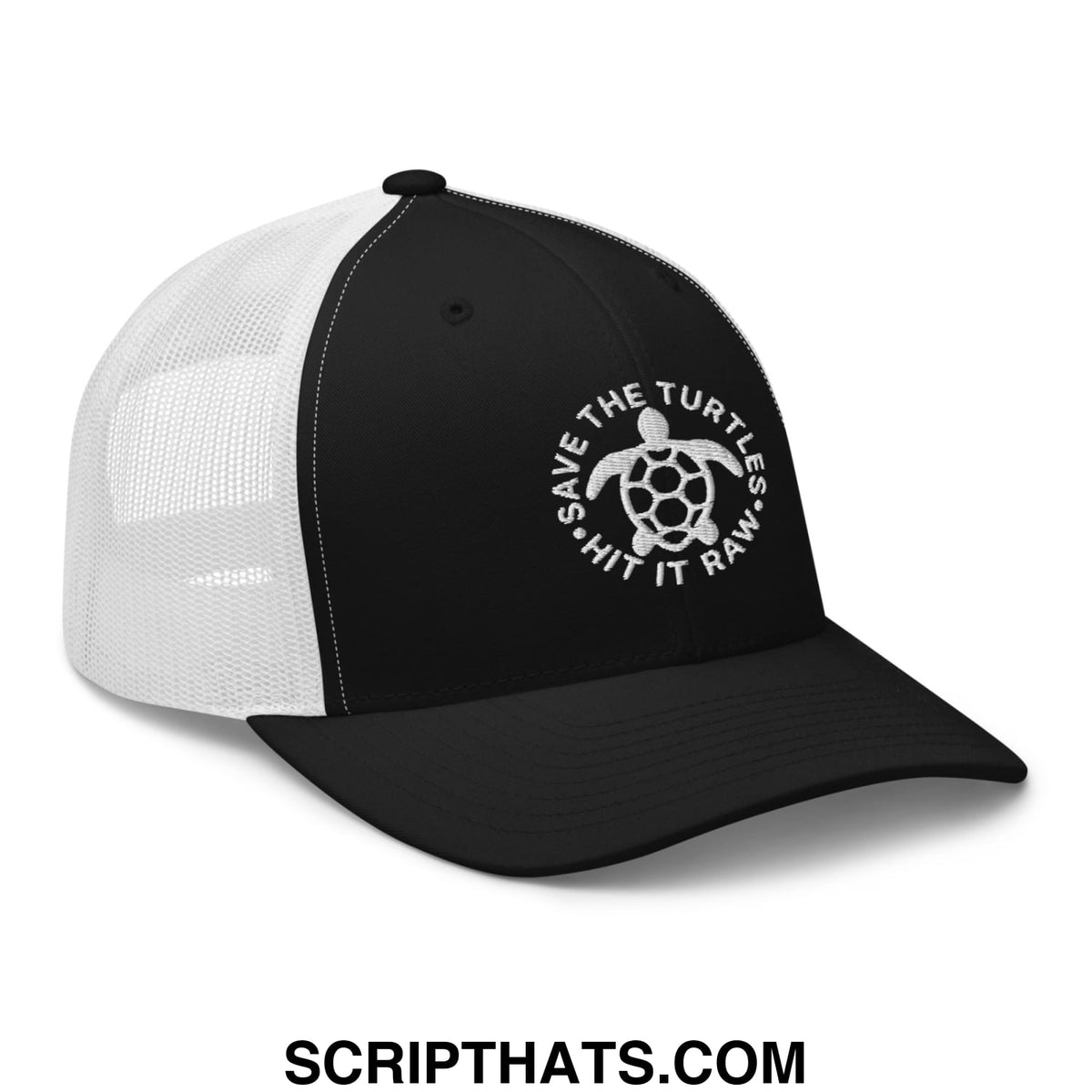 Black and white mesh trucker hat with embroidered turtle logo and save the turtles text in save the turtles hit it raw design