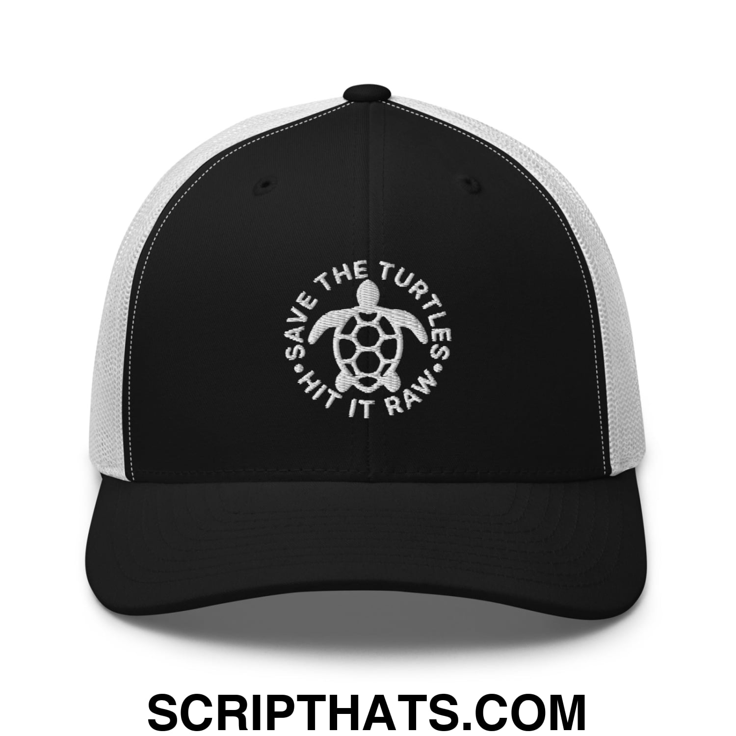 Save The Turtles Hit It Raw Embroidered Mesh Trucker Hat Black White