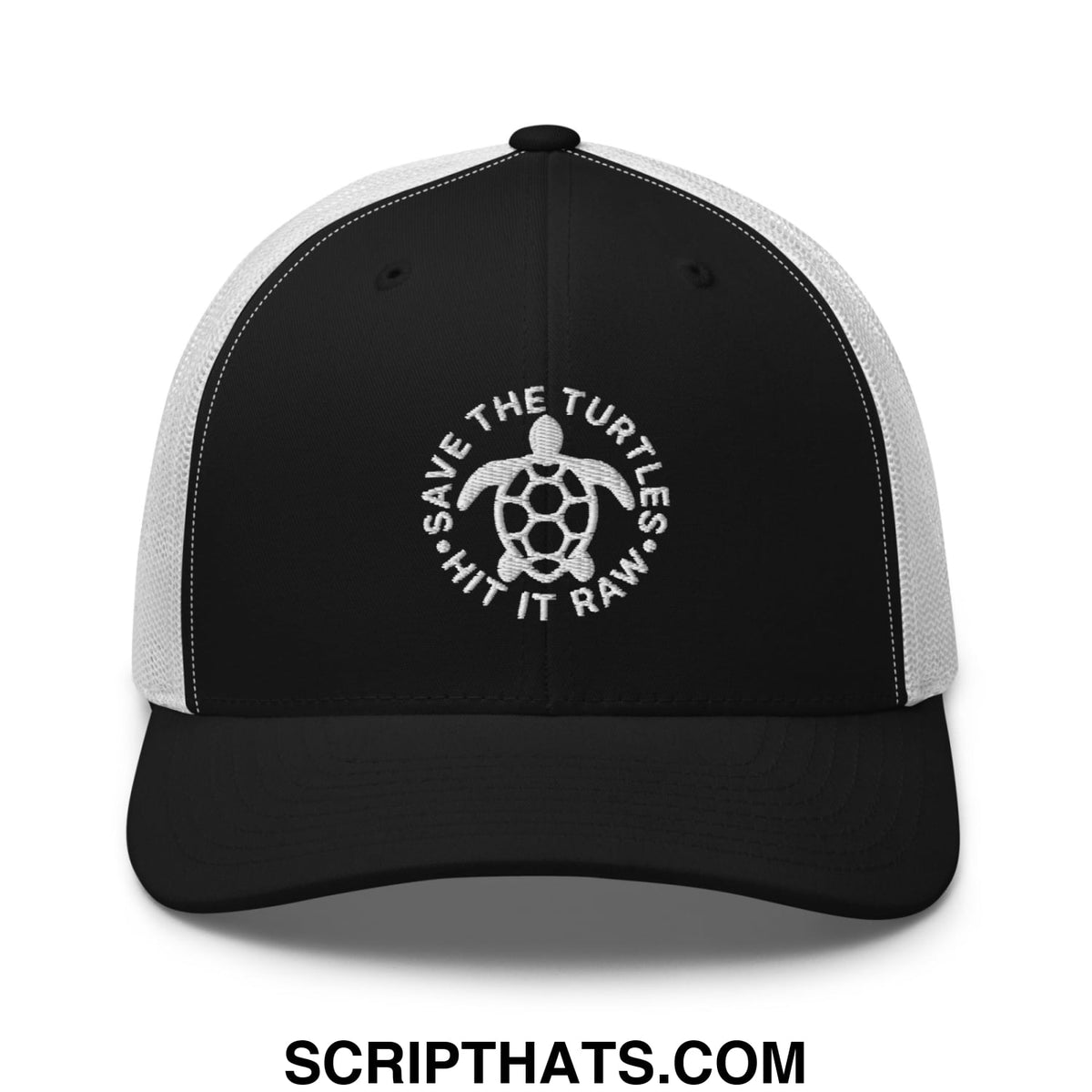 Black and white mesh trucker hat with embroidered turtle design save the turtles hit it raw style