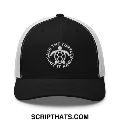 Black and white mesh trucker hat with embroidered turtle design save the turtles hit it raw style