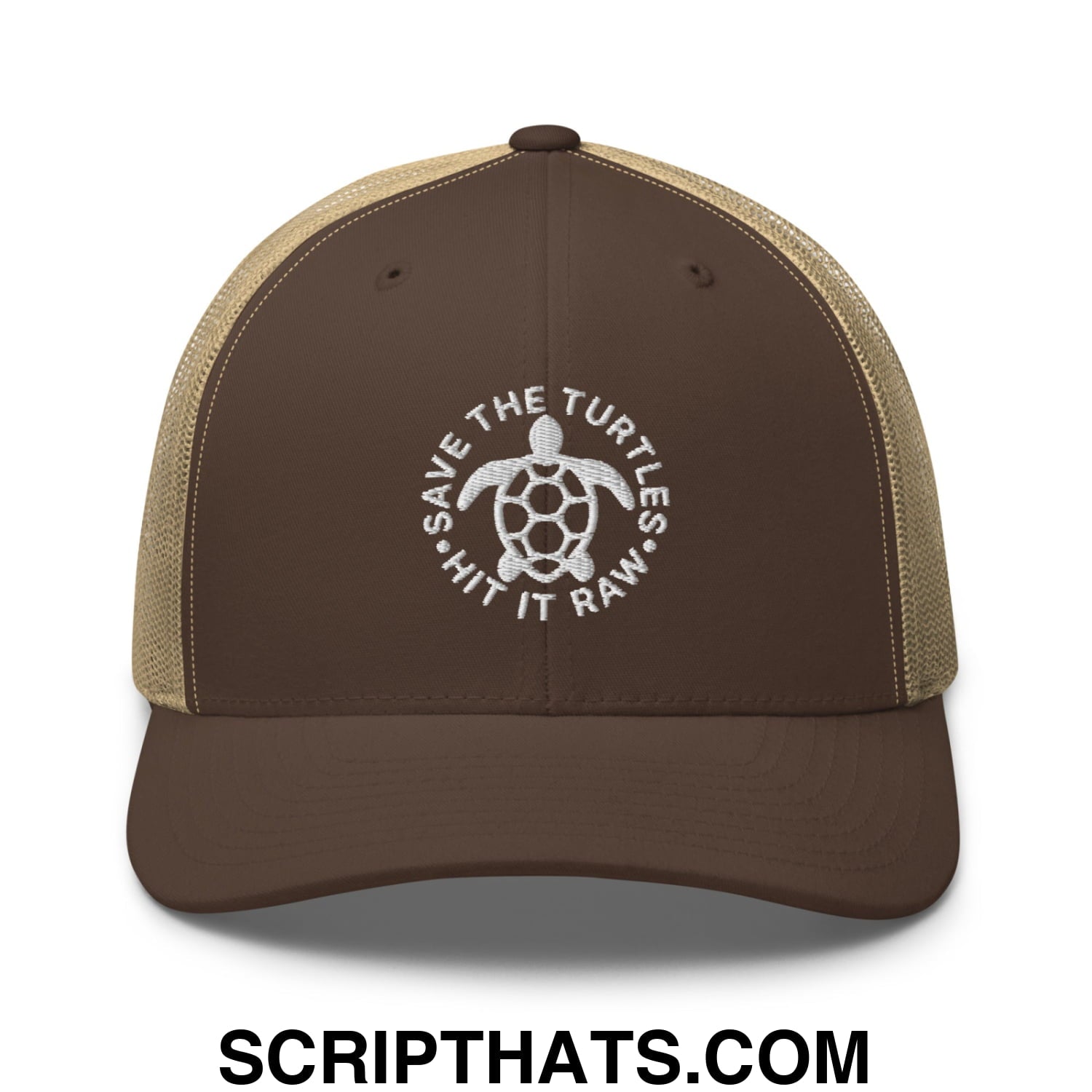 Save The Turtles Hit It Raw Embroidered Mesh Trucker Hat Brown Khaki