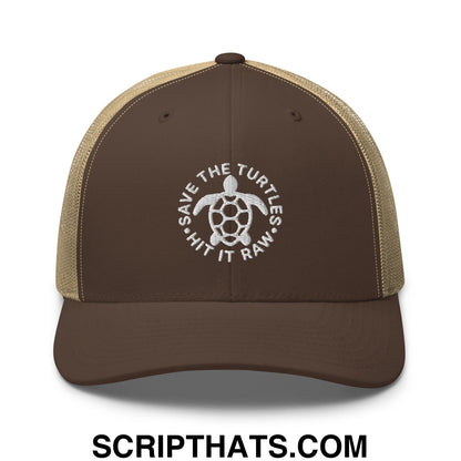 Save The Turtles Hit It Raw Embroidered Mesh Trucker Hat Brown Khaki