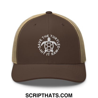 Brown and tan mesh trucker hat with white embroidered turtle logo and save the turtles hit it raw text design