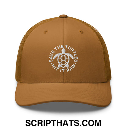 Save The Turtles Hit It Raw Embroidered Mesh Trucker Hat Caramel