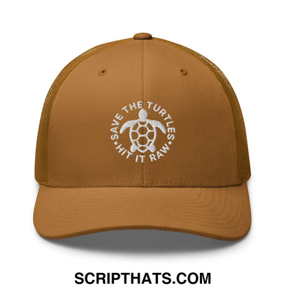 Tan mesh trucker hat with white embroidered turtle and save the turtles hit it raw text for casual wear