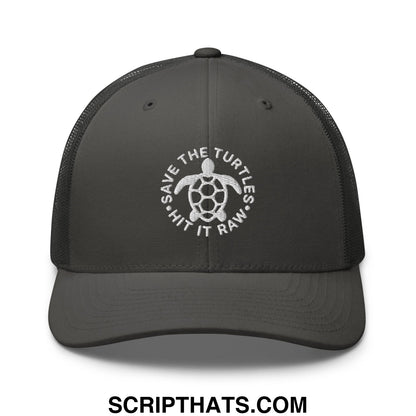 Dark gray mesh trucker hat with white embroidered turtle design and save the turtles hit it raw text encircling it