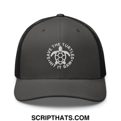 Dark gray mesh trucker hat with white embroidered turtle design and save the turtles hit it raw text encircling it