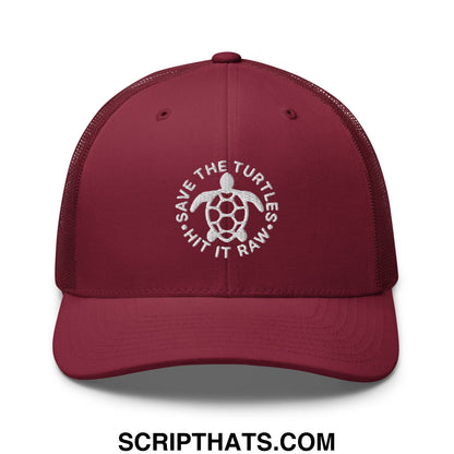 Maroon mesh trucker hat featuring white embroidered turtle design and save the turtles hit it raw text encircling it