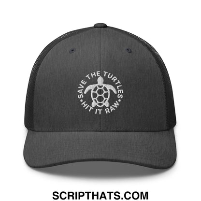 Black mesh trucker hat with white embroidered turtle and save the turtles hit it raw text encircling design