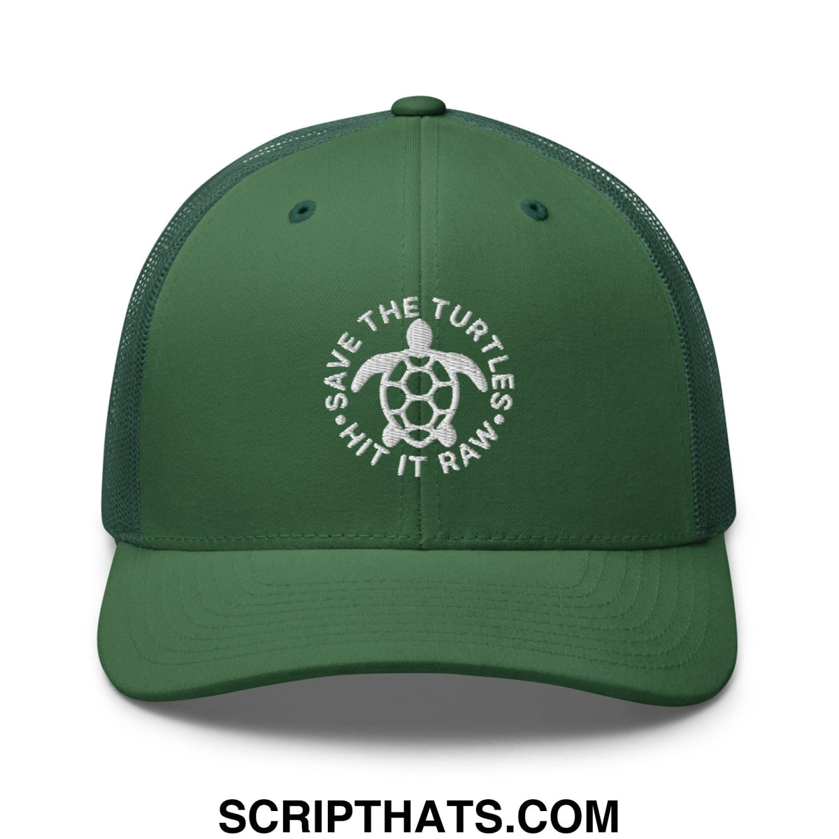 Dark green mesh trucker hat with white embroidered turtle and save the turtles hit it raw text on front