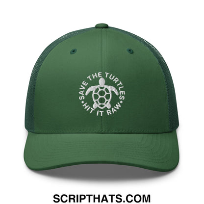 Dark green mesh trucker hat with white embroidered turtle and save the turtles hit it raw text on front
