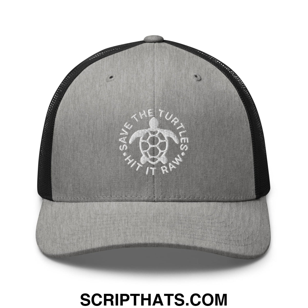 Gray and black mesh trucker hat with white embroidered turtle and save the turtles hit it raw text design