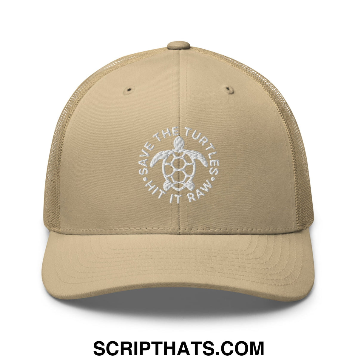 Beige mesh trucker hat with white embroidered turtle and save the turtles text from the hit it raw collection