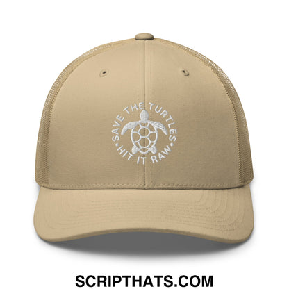 Beige mesh trucker hat with white embroidered turtle and save the turtles text from the hit it raw collection