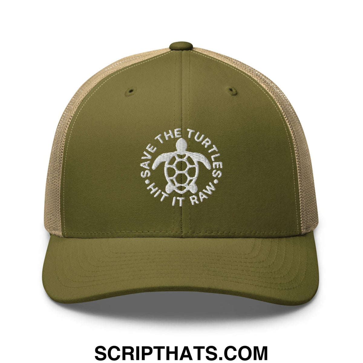 Olive green and tan mesh trucker hat with white embroidered turtle logo and save the turtles hit it raw text