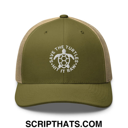 Save The Turtles Hit It Raw Embroidered Mesh Trucker Hat Moss Khaki