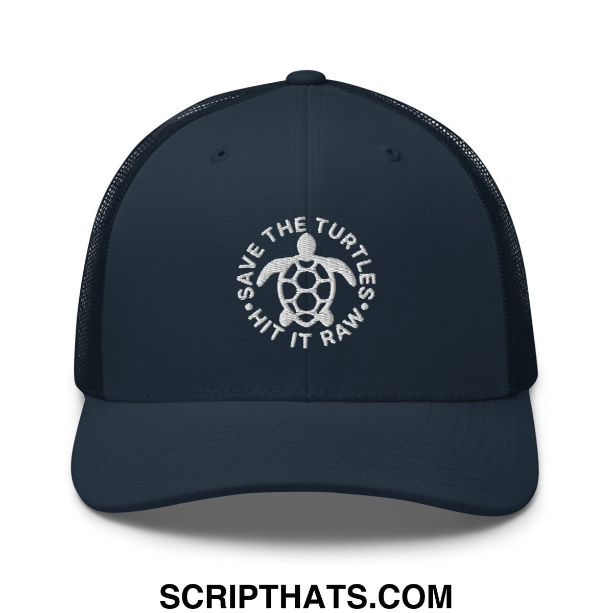 Dark navy blue mesh trucker hat with white embroidered turtle design and save the turtles hit it raw text encircling it