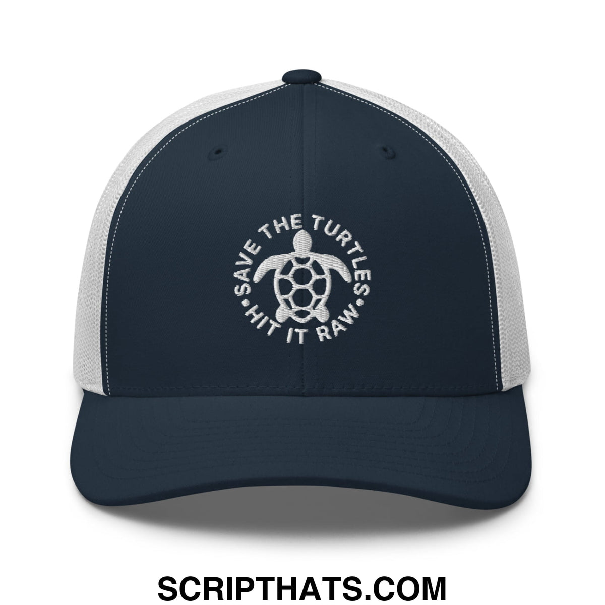 Navy blue and white mesh trucker hat with embroidered turtle design and save the turtles hit it raw text
