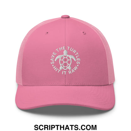 Pink mesh trucker hat with white embroidered turtle and save the turtles text for casual outdoor wear