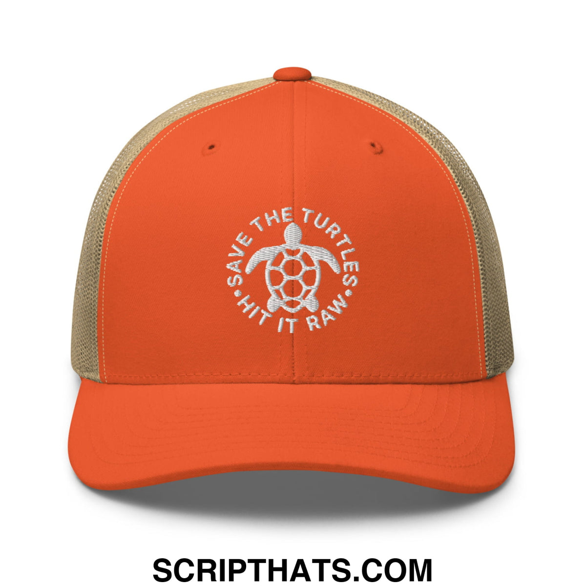 Orange and tan mesh trucker hat with white embroidered turtle design and save the turtles hit it raw text