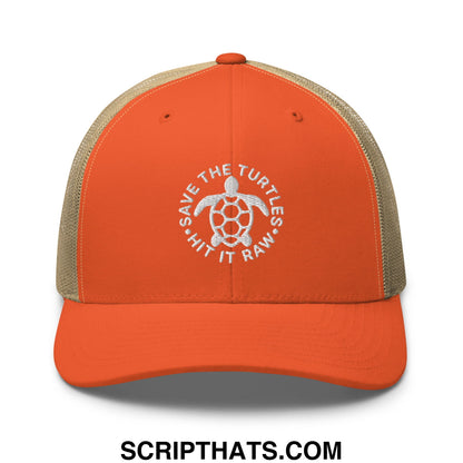 Orange and tan mesh trucker hat with white embroidered turtle design and save the turtles hit it raw text