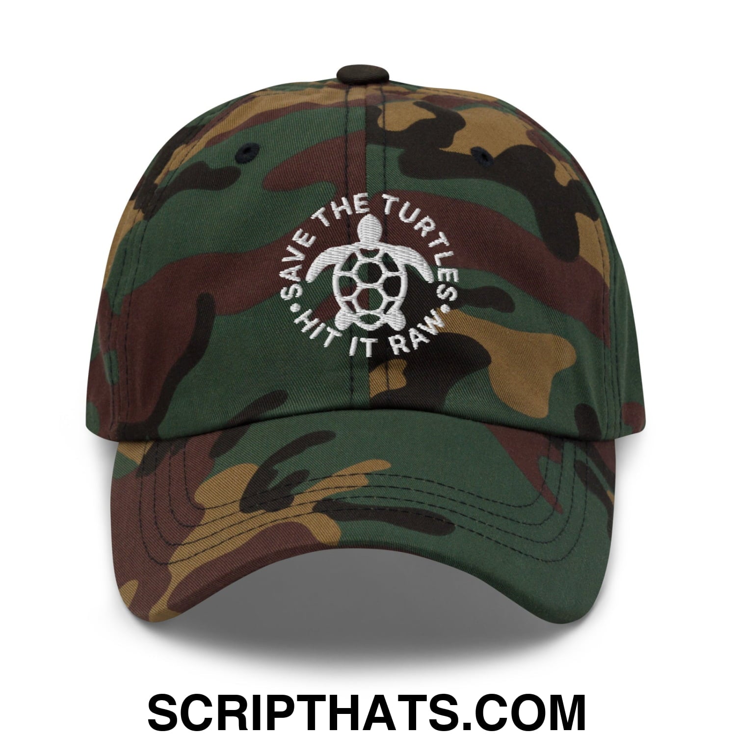 Save The Turtles Hit It Raw Embroidered Unstructured Dad Hat Green Camo