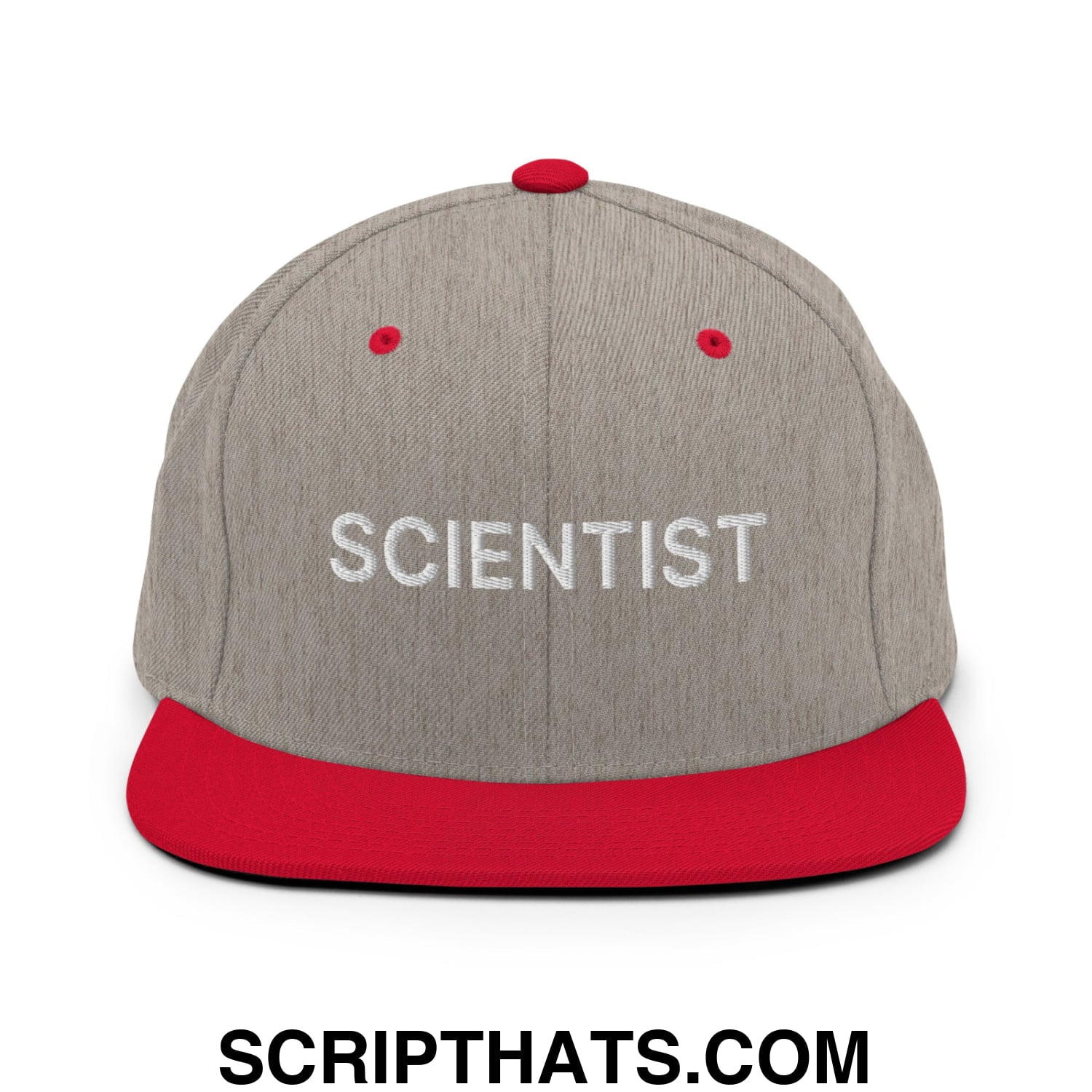 Scientist Embroidered Flat Bill Brim Snapback Hat Heather Grey Red
